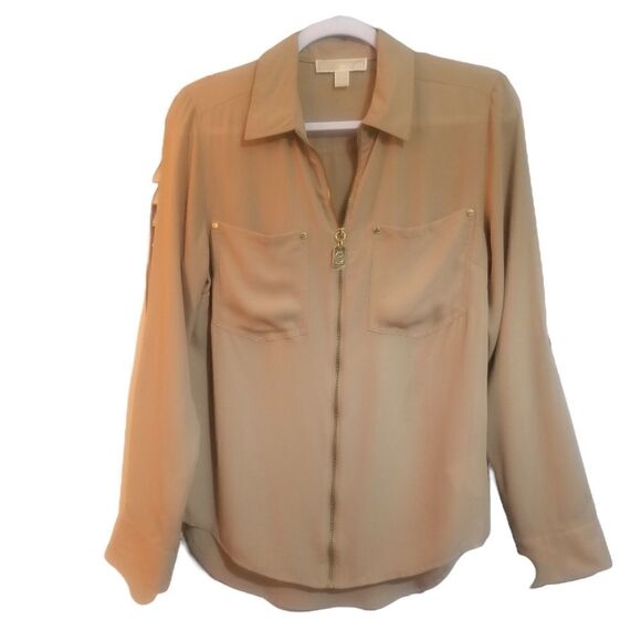 Michael Kors | Long Sleeve | Tan | Zip Front | Blouse with Pockets | NWOT | Sm - Picture 1 of 11